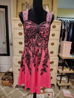 Pink and Black Lace-Print Fit & Flare Dress
